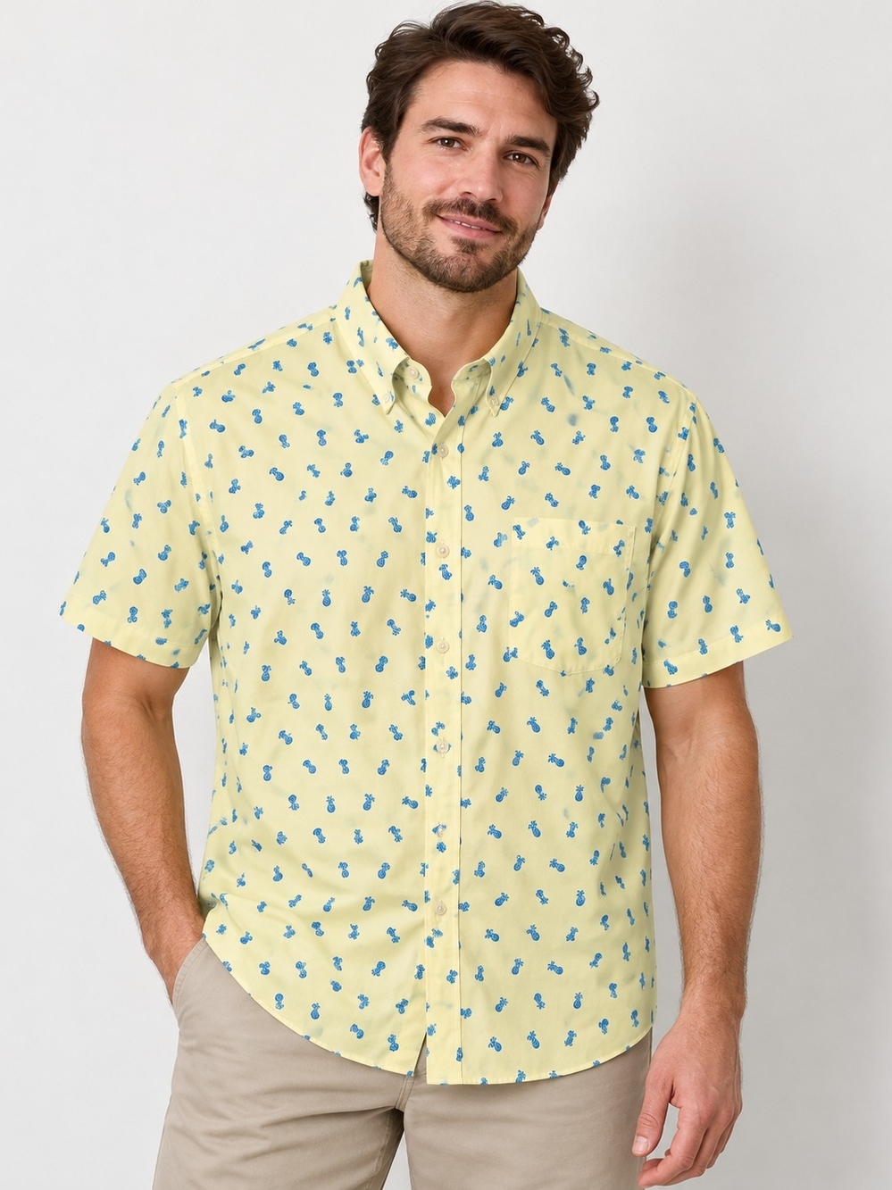 Izod Yellow Short-Sleeve Button-Down with Blue Print